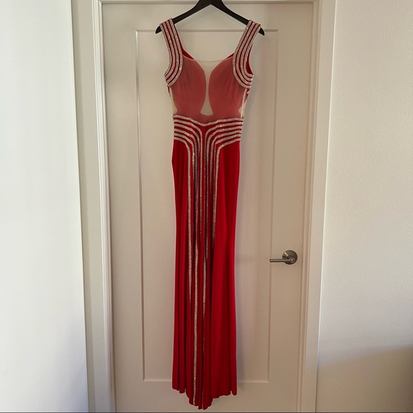 Red Crystal Embellished Evening Gown Dress - Picture 7 of 9